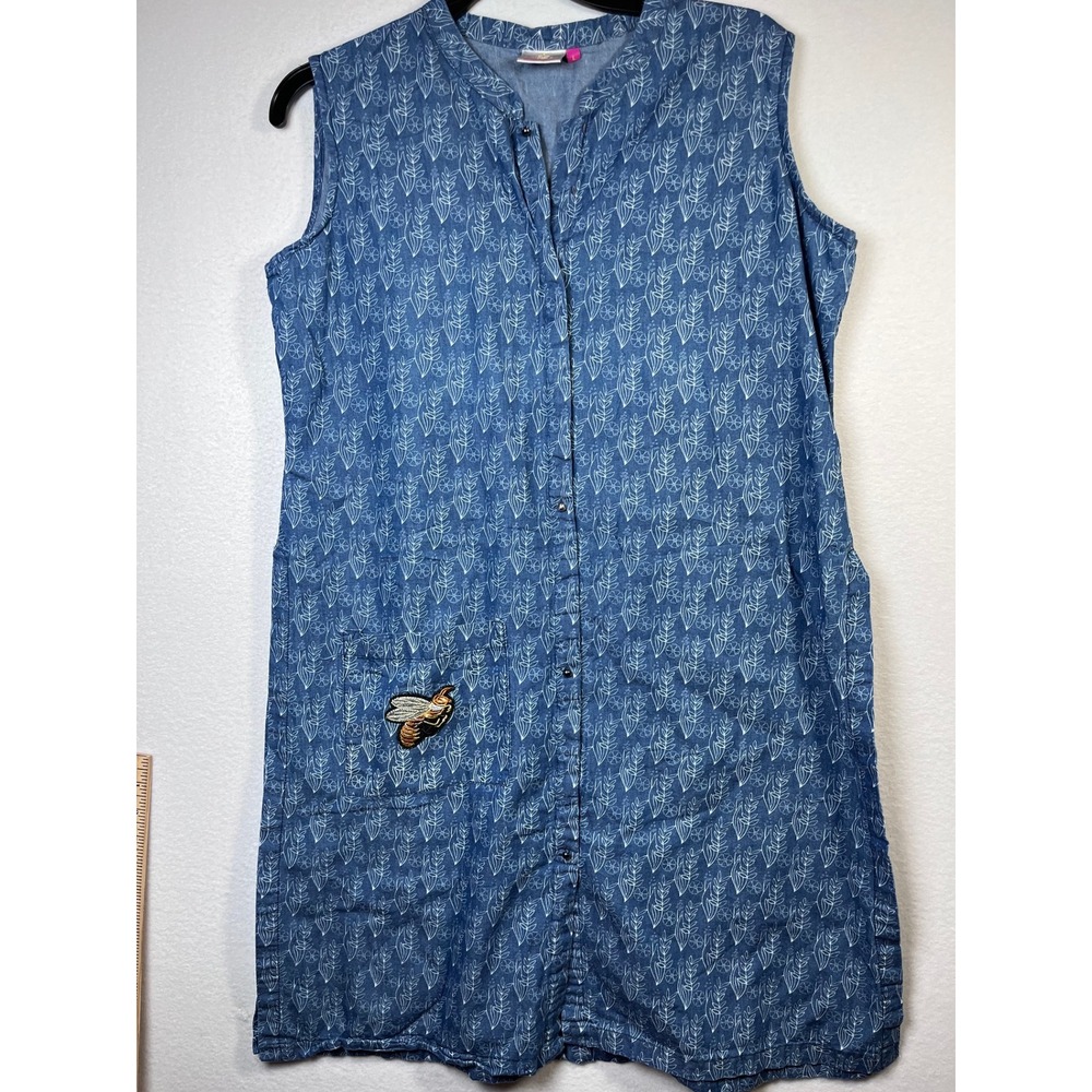 Neeru Kumar Tunic Dress Womens L Blue Excellent Bee Patch Floral Sleeveless